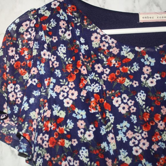 Blue Floral Womens Medium Short Sleeve Ruffled Top by ember rose Romantic - Picture 2 of 4